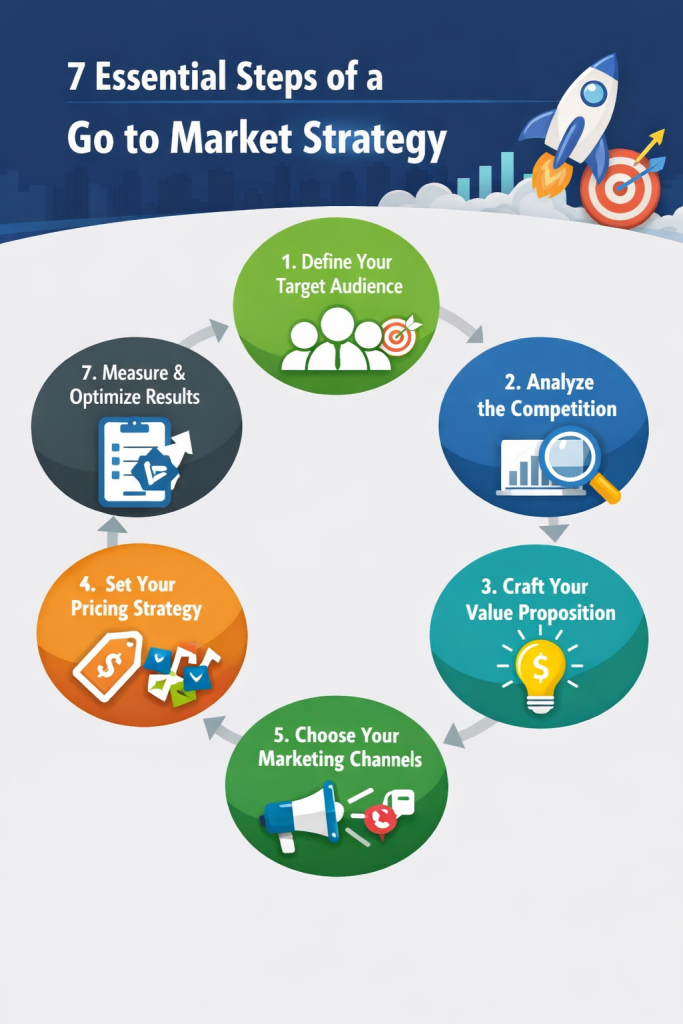 Infographic showing 7 essential steps of a go to market strategy for small business