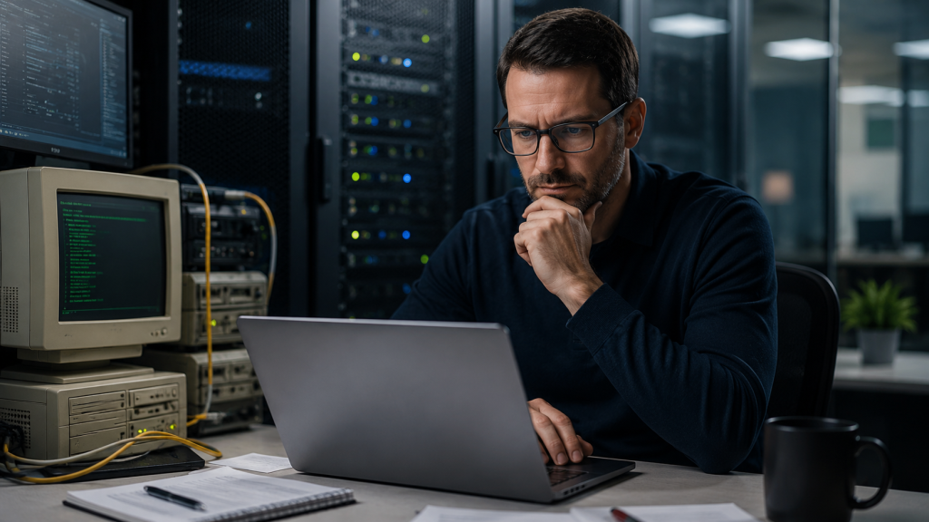 Cybersecurity professional reviewing systems in a server room, illustrating SMB lessons from the Shadow Brokers leak.