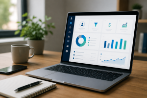 CRM automation for small business, a Laptop showing a CRM automation dashboard with customer, sales, and analytics widgets on a small business workspace desk.
