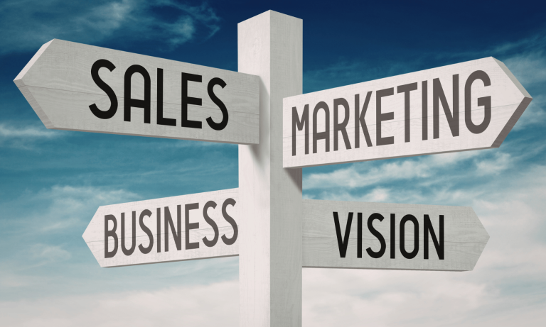 Signpost pointing to sales, marketing, business, and vision, representing a clear go to market strategy for small business growth.