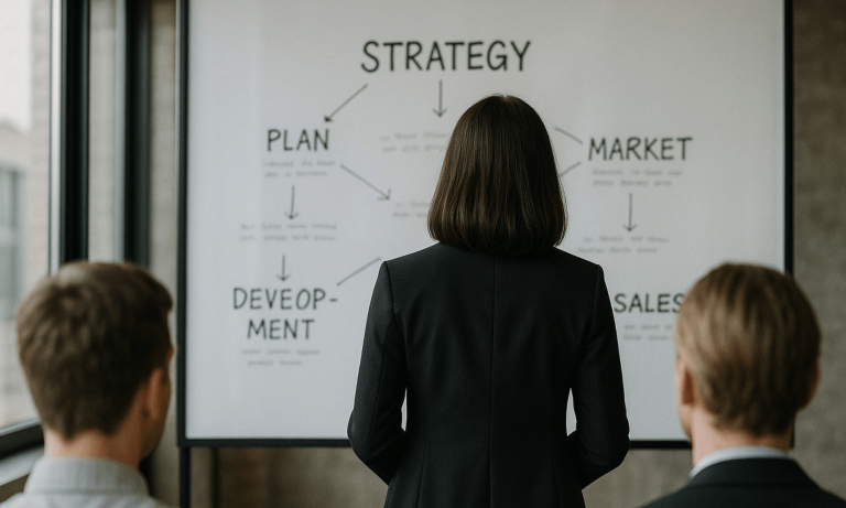 Business team reviewing a strategy board with plan, market, sales, and development notes for improving marketing performance.