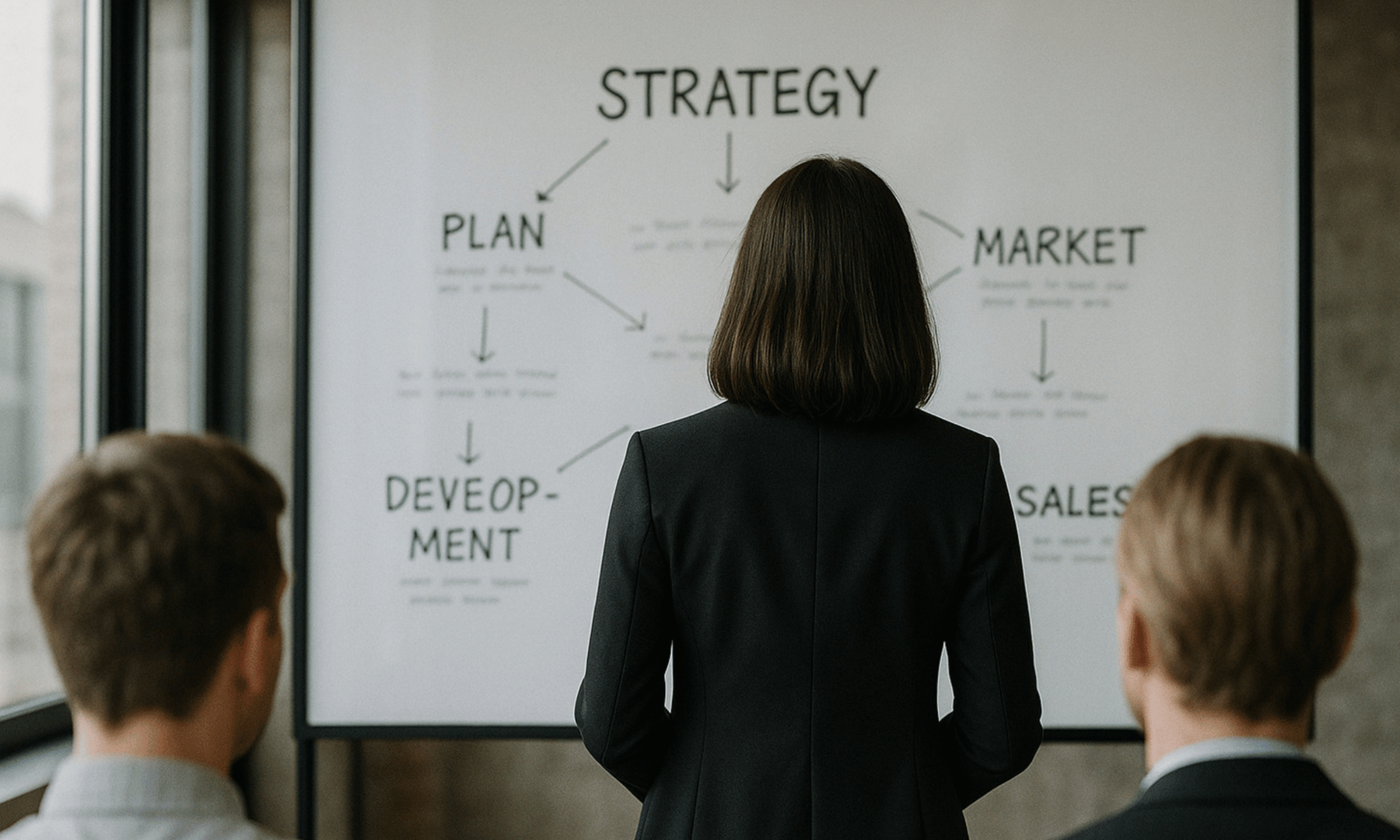 Business team reviewing a strategy board with plan, market, sales, and development notes for improving marketing performance.