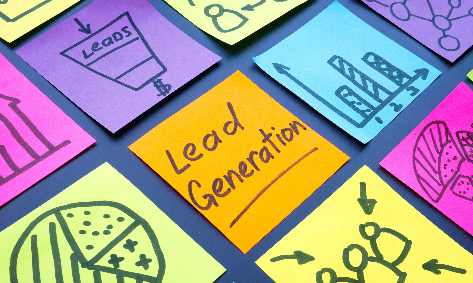 service business lead generation - Colorful sticky notes with lead generation ideas and charts for improving service business leads.