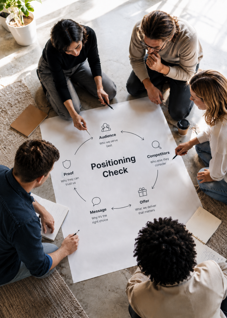 Team reviewing a positioning check worksheet during a collaborative business strategy session.