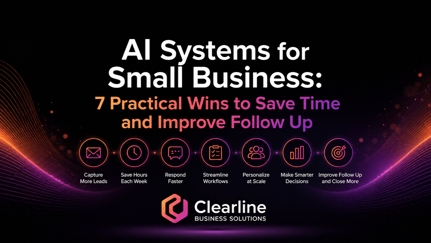 AI systems for small business featured image showing practical wins for saving time, improving follow up, streamlining workflows, and making smarter decisions.