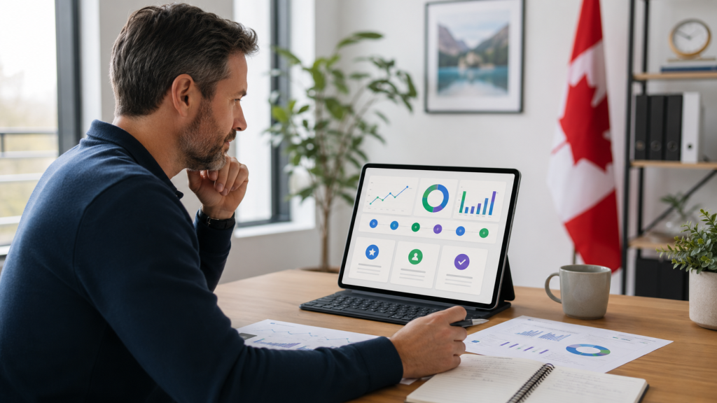Business owner reviewing reporting summaries created with AI systems for small business.