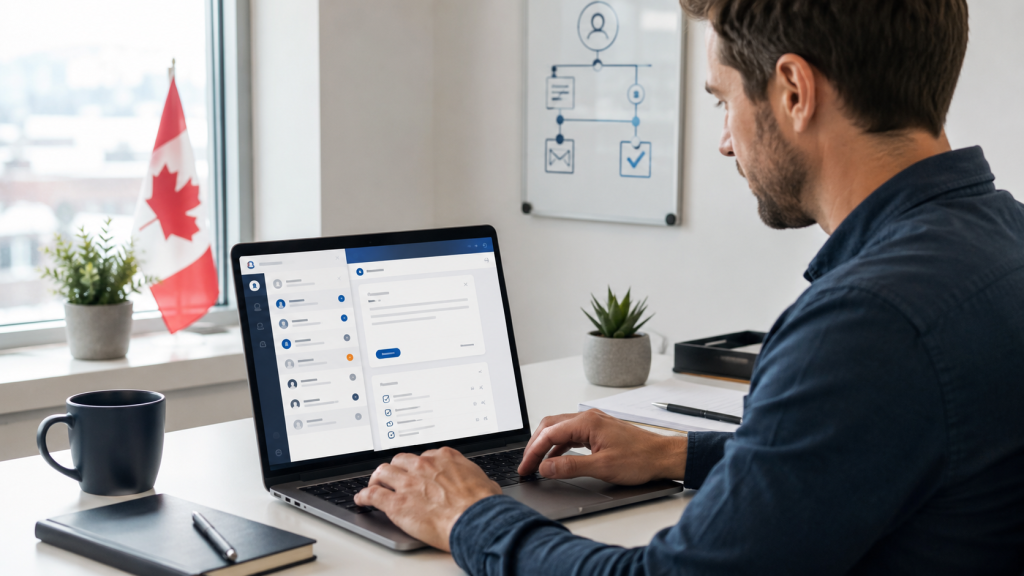 Sales professional using AI systems for small business to organize follow up after a client call.