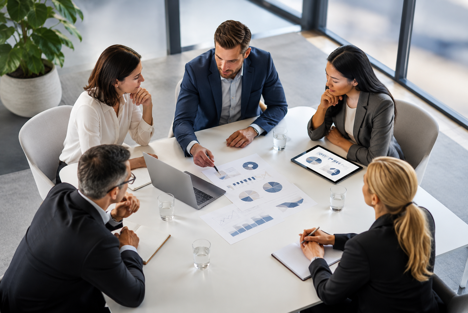 Business team reviewing charts and growth data together during a professional consulting meeting.