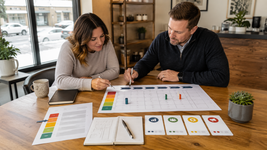 Small business owner creating a 90-day priority plan after scoring business growth gaps across key systems.