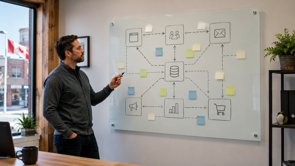 Business owner mapping connected business growth gaps across marketing, CRM, sales, website, and reporting systems.