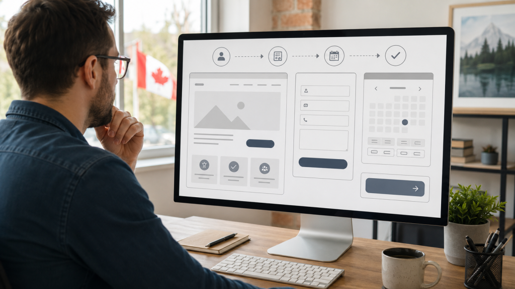 Consultant reviewing website lead capture improvements to reduce business growth gaps and create clearer next steps for prospects.