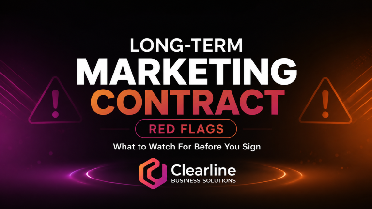 Warning graphic for business owners highlighting long-term marketing contract red flags to watch for before signing.
