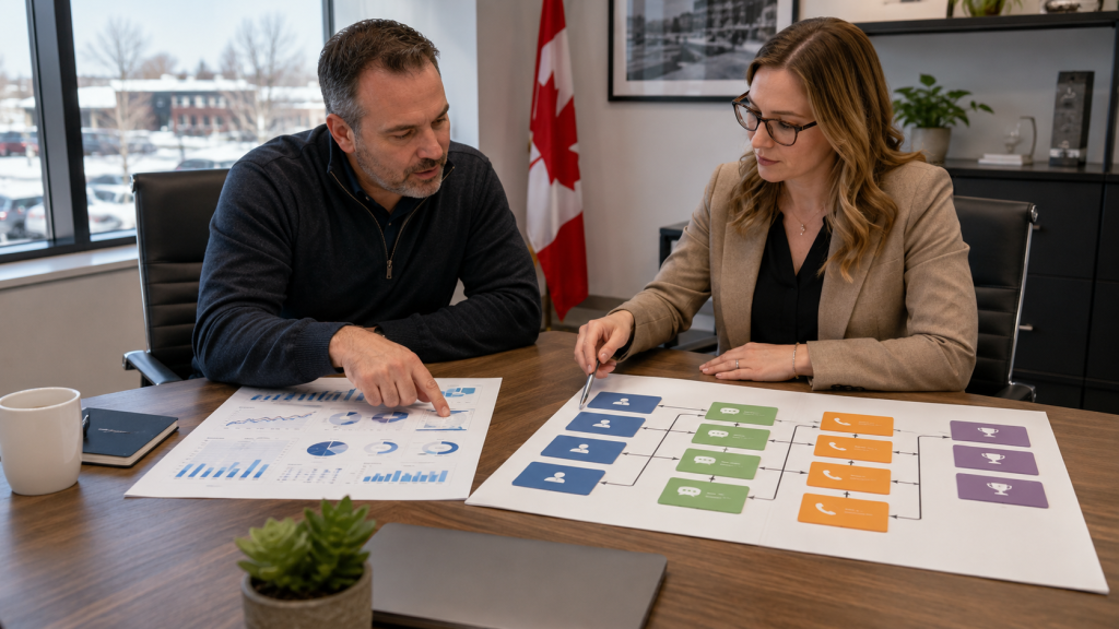 Advisor reviewing reporting quality with a business owner as part of checking long-term marketing contract red flags.