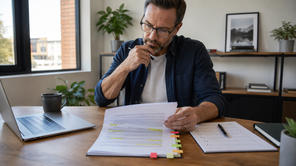 Small business owner reviewing vague deliverables as one of the long-term marketing contract red flags before signing.