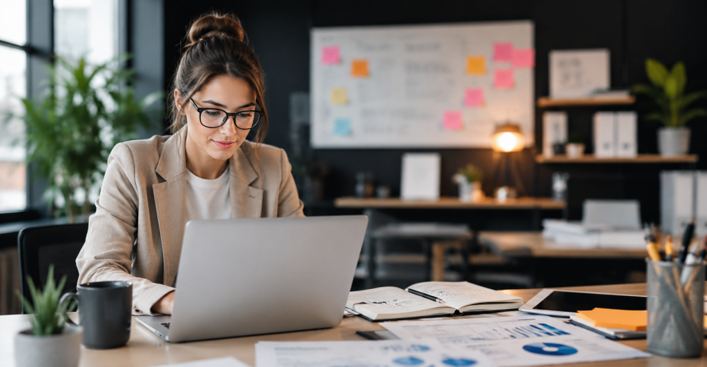 Business professional reviewing small business growth resources, reports, and planning materials on a laptop.