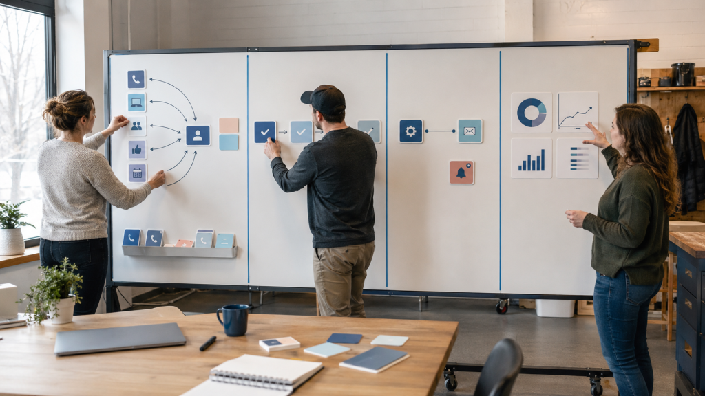 Small business team working through a four-week improvement roadmap for CRM setup for small business.