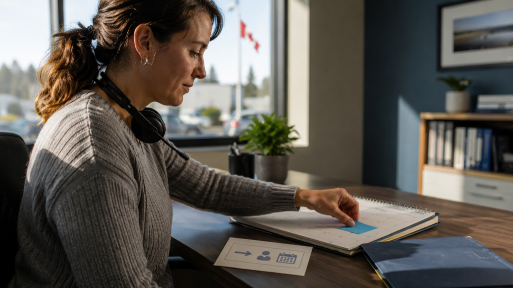 Sales coordinator scheduling a clear next action and follow-up date as part of CRM setup for small business.
