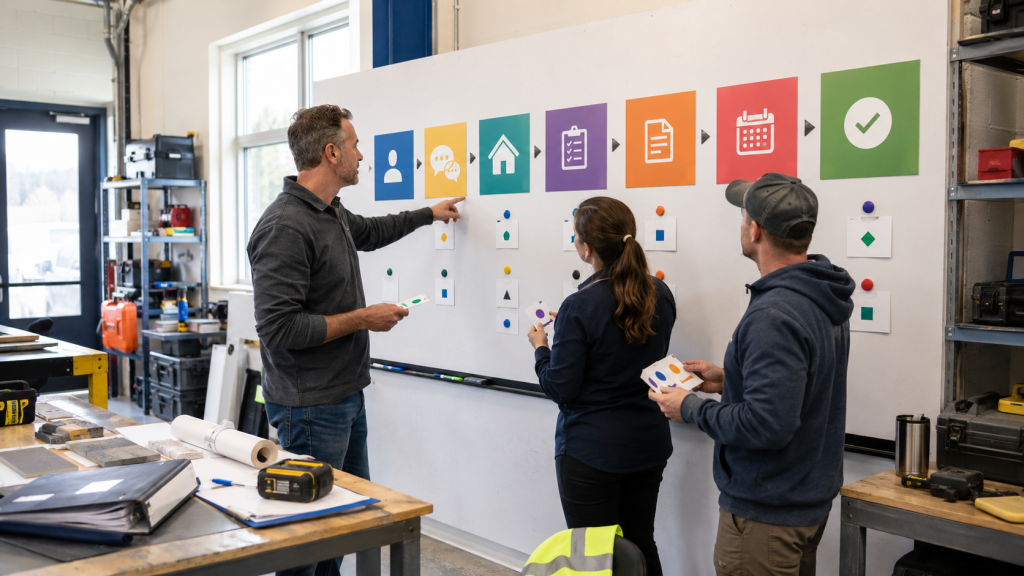 Small business team mapping real sales milestones into pipeline stages during a CRM setup for small business.