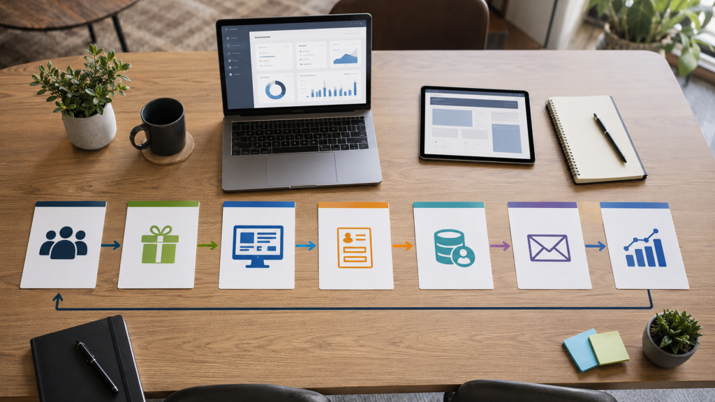 Website redesign strategy mapped into a connected business growth system for a small business.