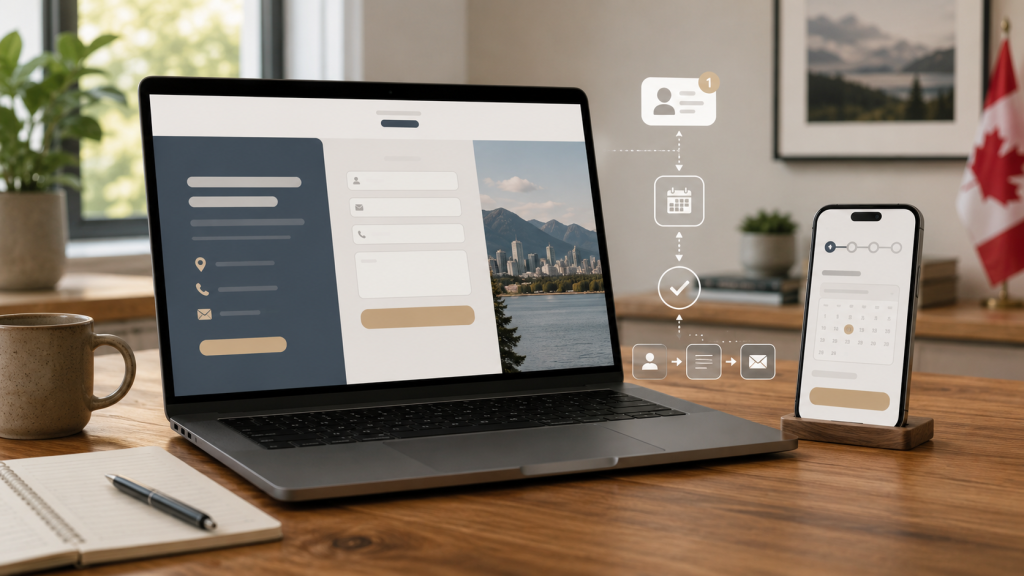 Website redesign strategy showing a clear lead capture path from contact form to booking.