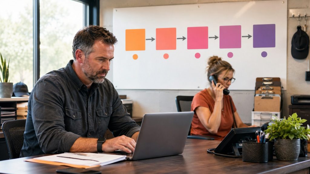 Business process automation supporting a defined lead follow-up workflow in a small service business office