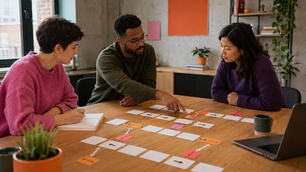 Business process automation planning session with a small business team mapping ownership, steps, and exceptions