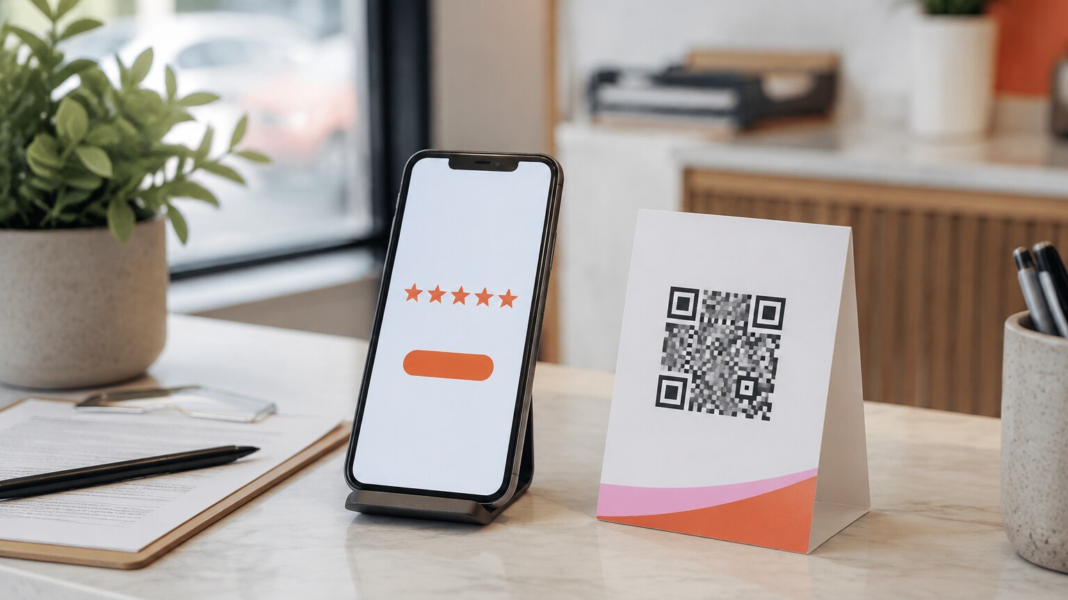 Review automation for small business using a direct Google review link and QR code at a service counter.