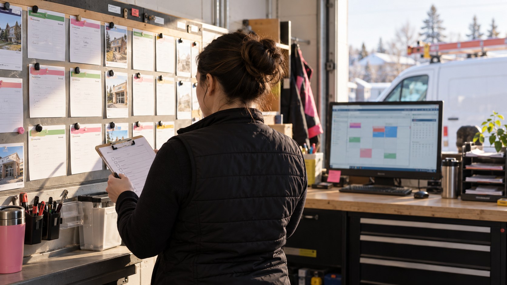 Business software pilot test with a service manager checking job cards against a dispatch system