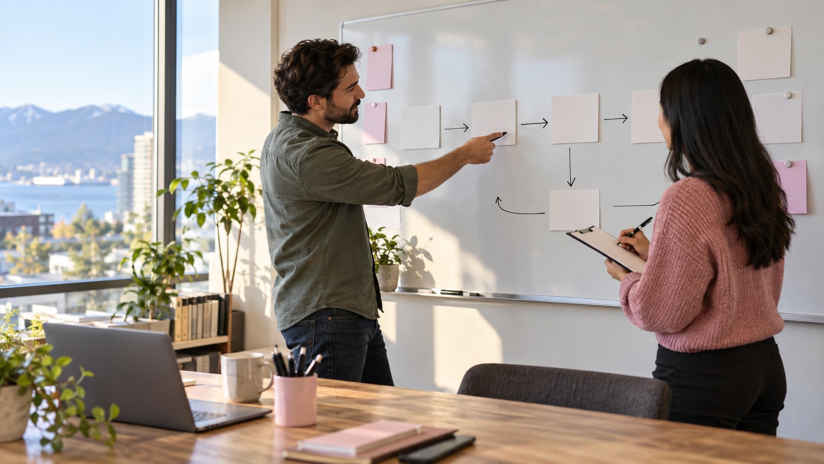 Business software planning with teammates mapping ownership and handoffs on a whiteboard