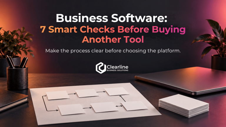 Business software strategy featured image showing a workflow map, laptop, and seven checks before buying another tool