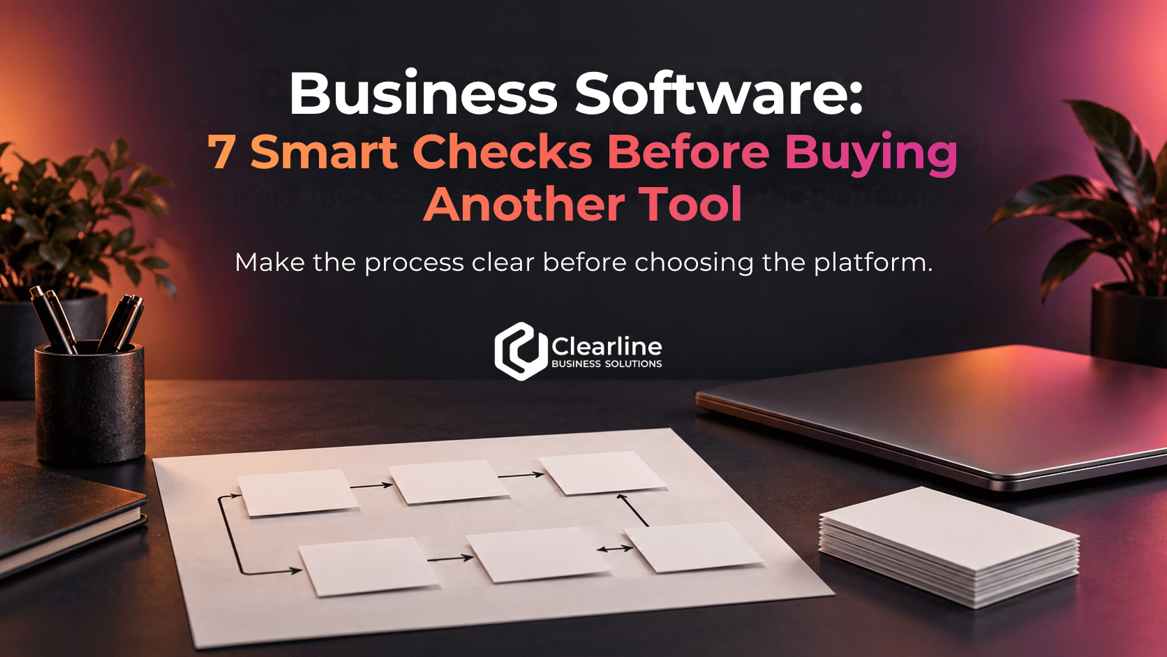 Business software strategy featured image showing a workflow map, laptop, and seven checks before buying another tool