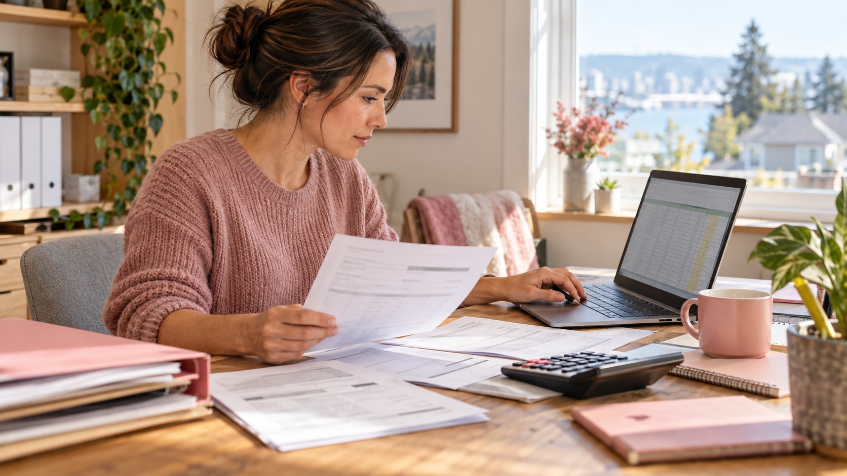 Business software subscription audit with an owner reviewing invoices and a spreadsheet
