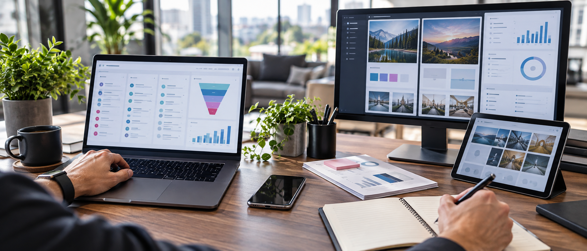 Business growth operations workspace with laptop, tablet, analytics screens, and planning materials