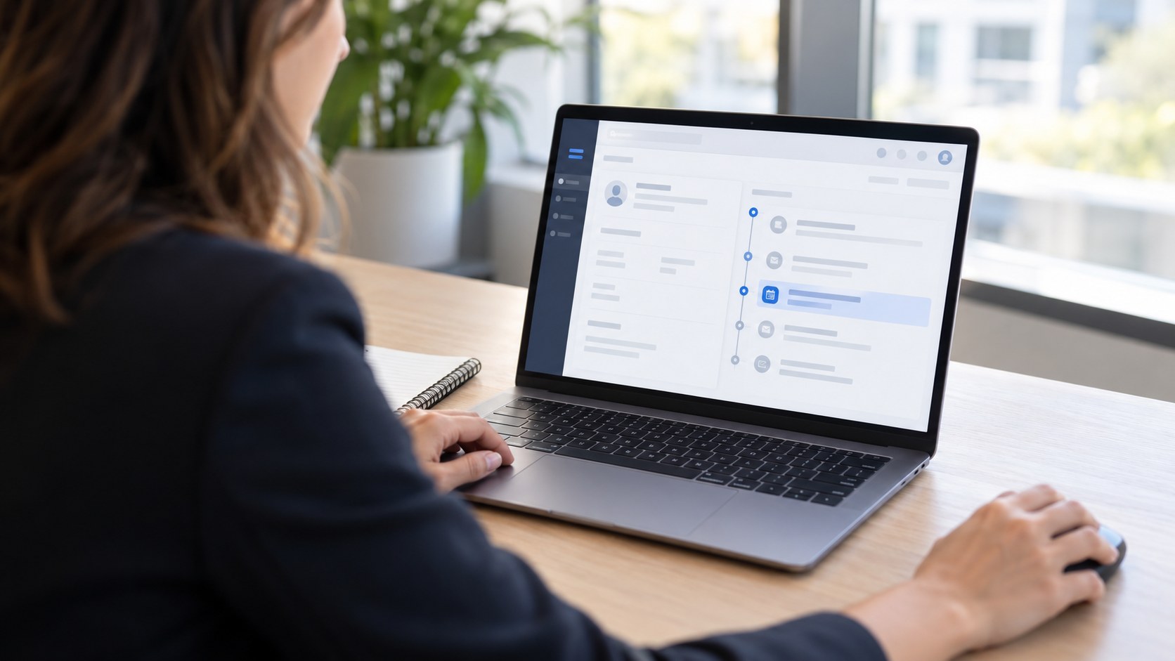 CRM growth assessment of a lead record and its next follow-up action on a laptop