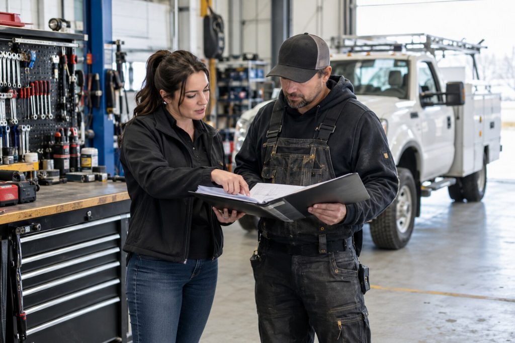 Office coordinator and field supervisor reviewing an approved field-service job handoff