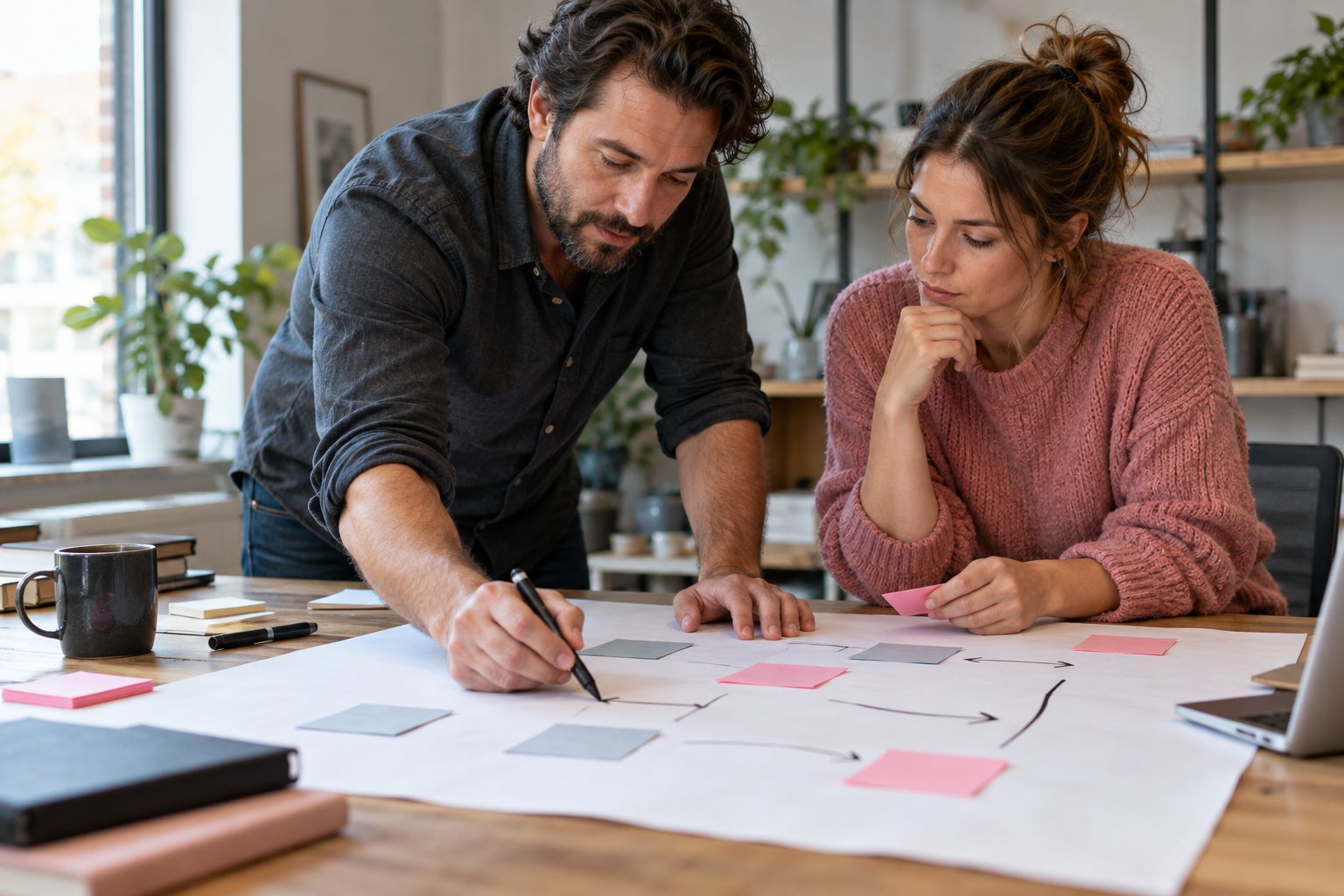 Two small business colleagues map a HubSpot alternative customer journey using paper and sticky notes.