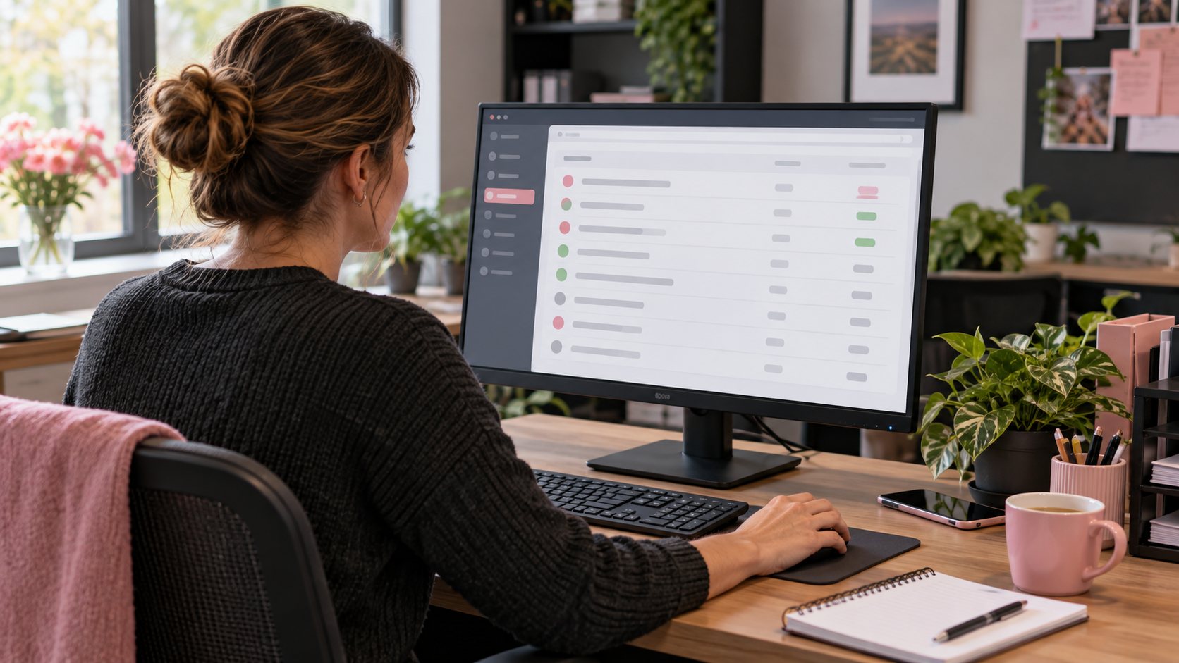 Coordinator checks a follow up task queue on a monitor when testing a HubSpot alternative.
