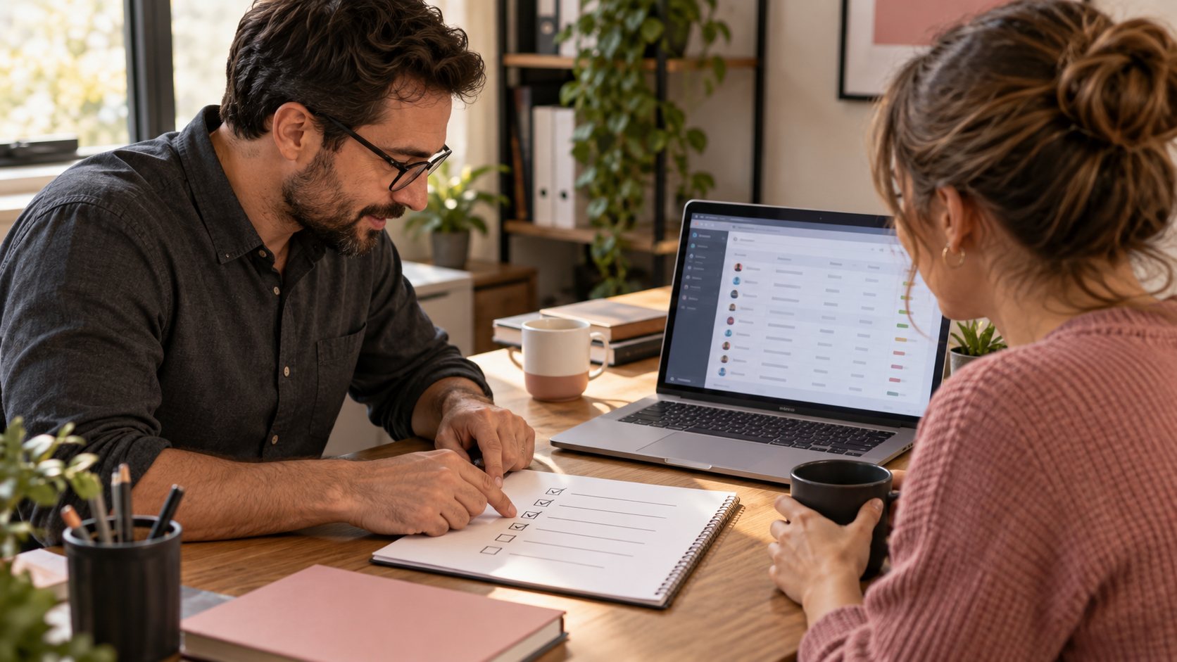 Two colleagues verify a migration checklist and customer records before switching to a HubSpot alternative.