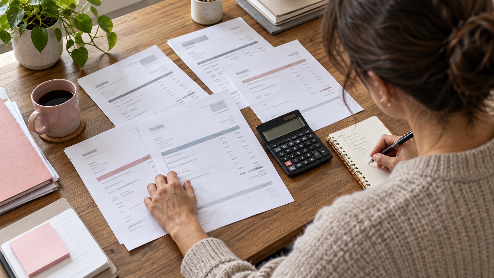 Business owner reviews software invoices and calculator while budgeting for a HubSpot alternative.