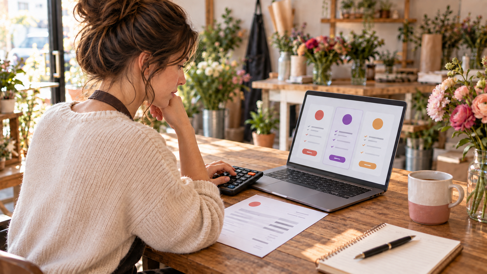Small business owner calculating HubSpot pricing for small business using a laptop, invoice and calculator