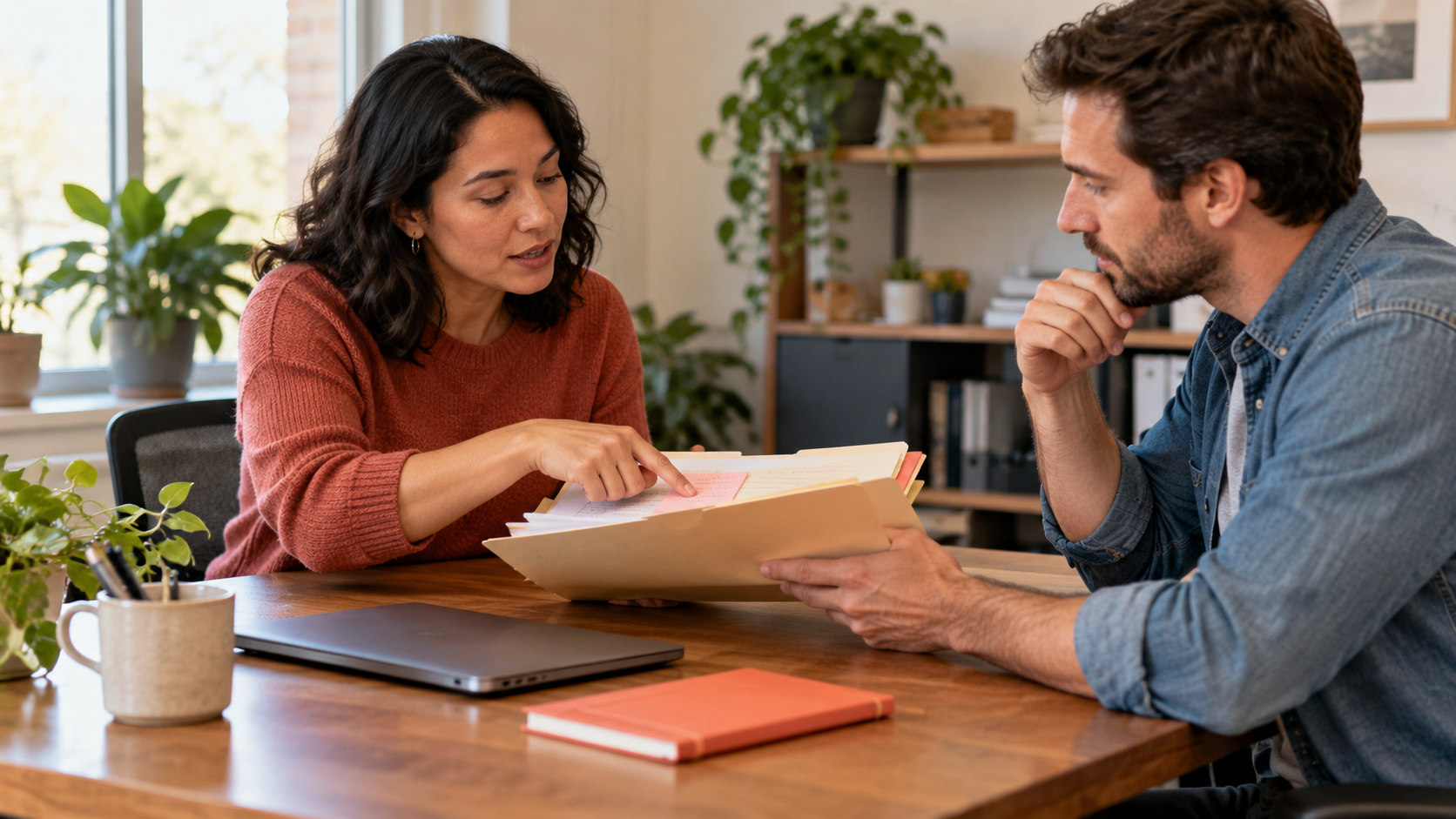 Two colleagues review a client folder to prevent lead leakage when an opportunity changes hands.