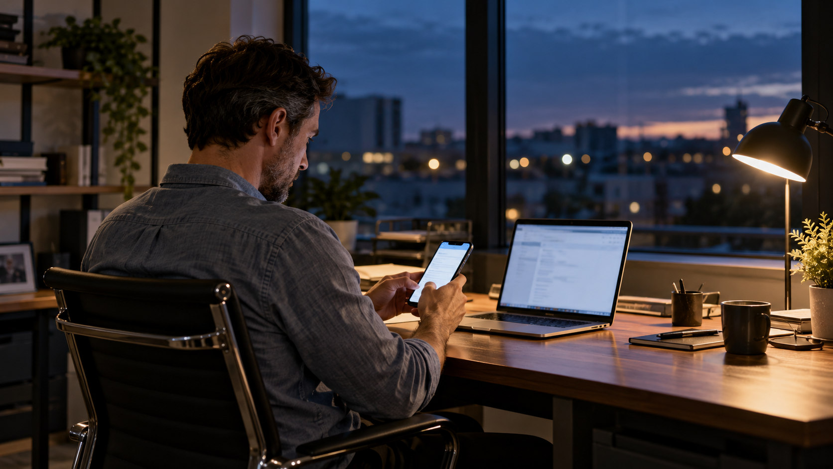 A business owner reviews a lead leakage inquiry on a phone after hours with a laptop open.
