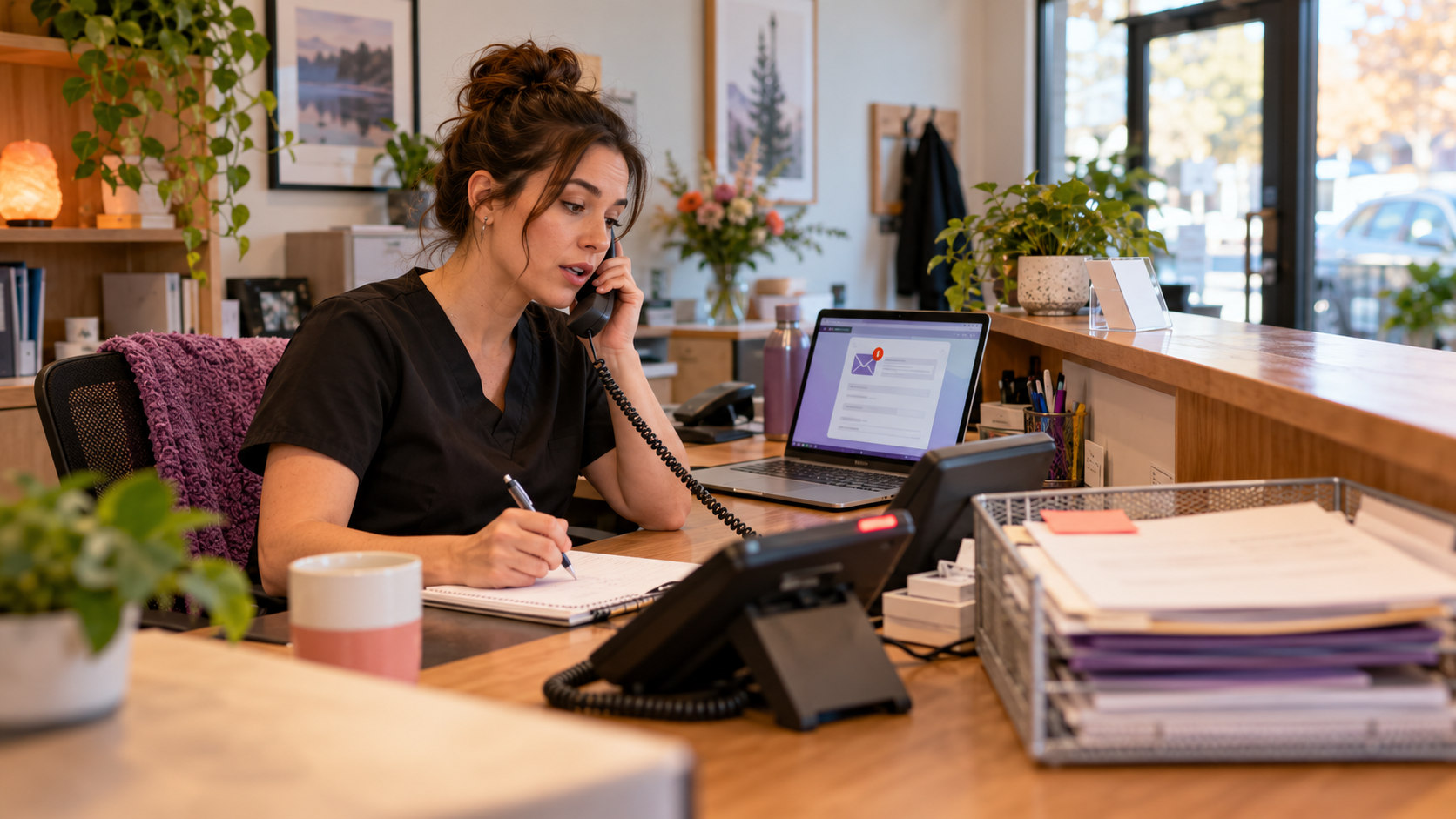 A receptionist handles a phone call as a lead leakage inquiry waits on a laptop and intake tray.