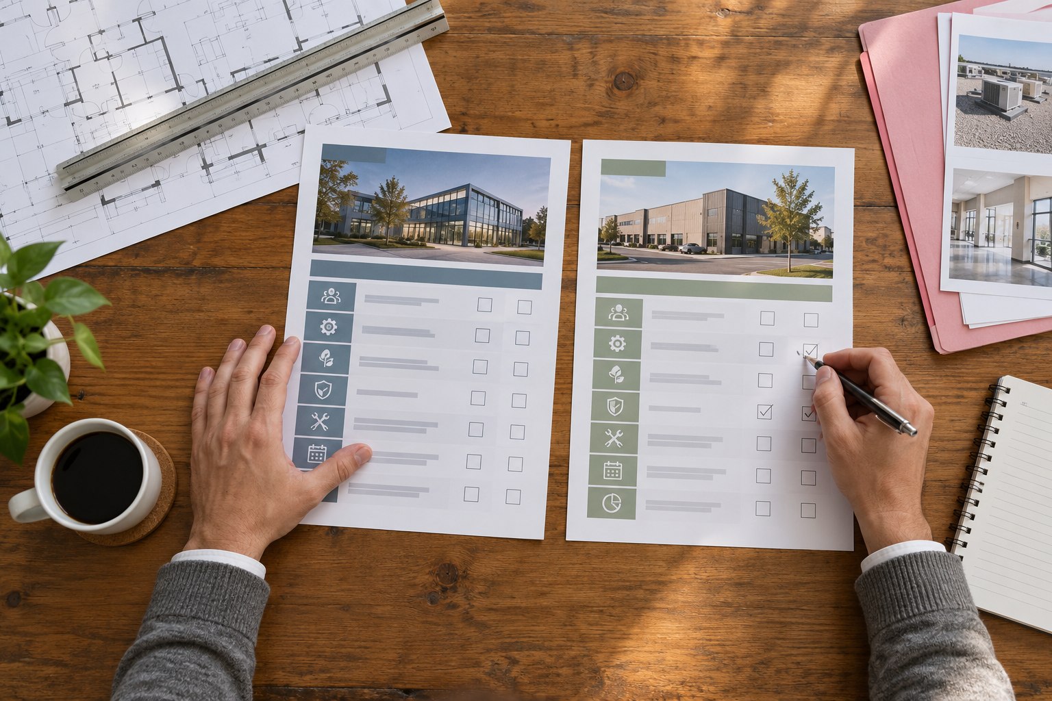 Hands comparing service proposals using a lead magnet worksheet and checklist