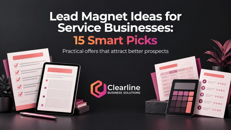 Lead magnet ideas for service businesses shown as a checklist, worksheet, calculator, and assessment with the Clearline Business Solutions logo