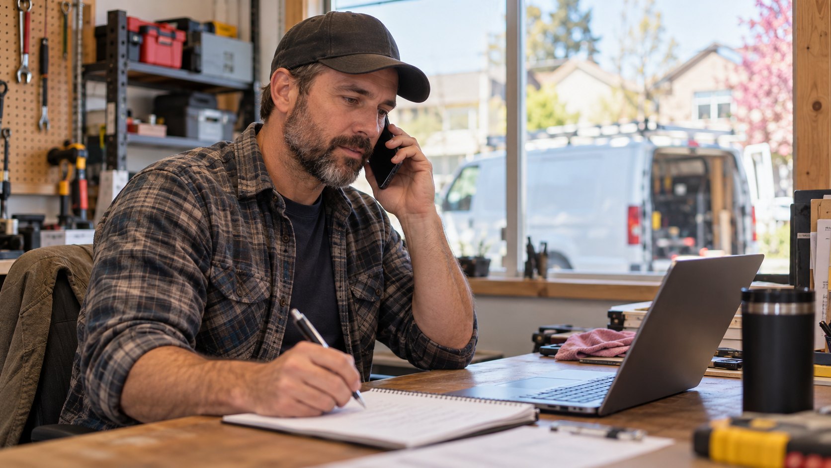 Service business owner making a lead response call after an urgent inquiry