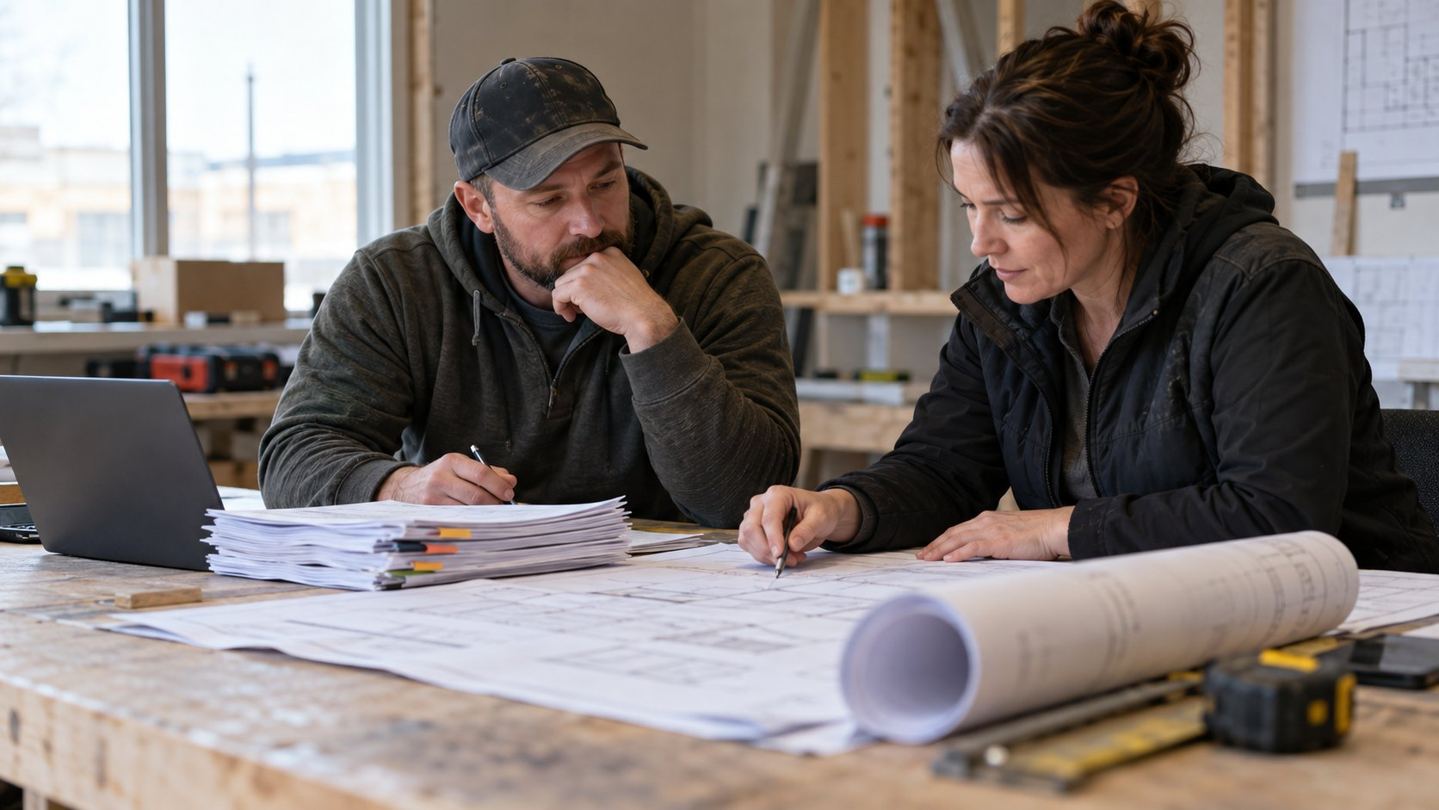 Lethbridge quote follow-up planning for a commercial construction bid, with an estimator and project manager reviewing project documents
