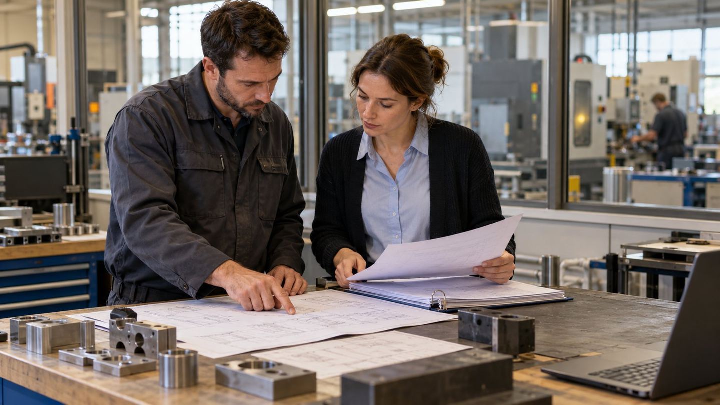 Manufacturing engineer and sales coordinator reviewing a revised technical drawing and quote before production planning