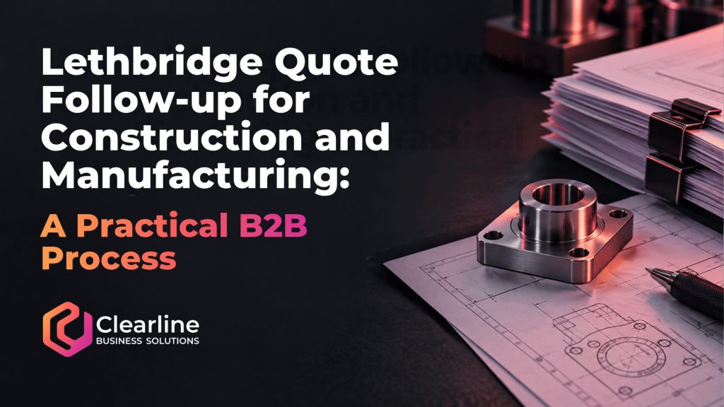 Lethbridge quote follow-up for construction and manufacturing, showing a commercial bid folder, technical drawing and machined component