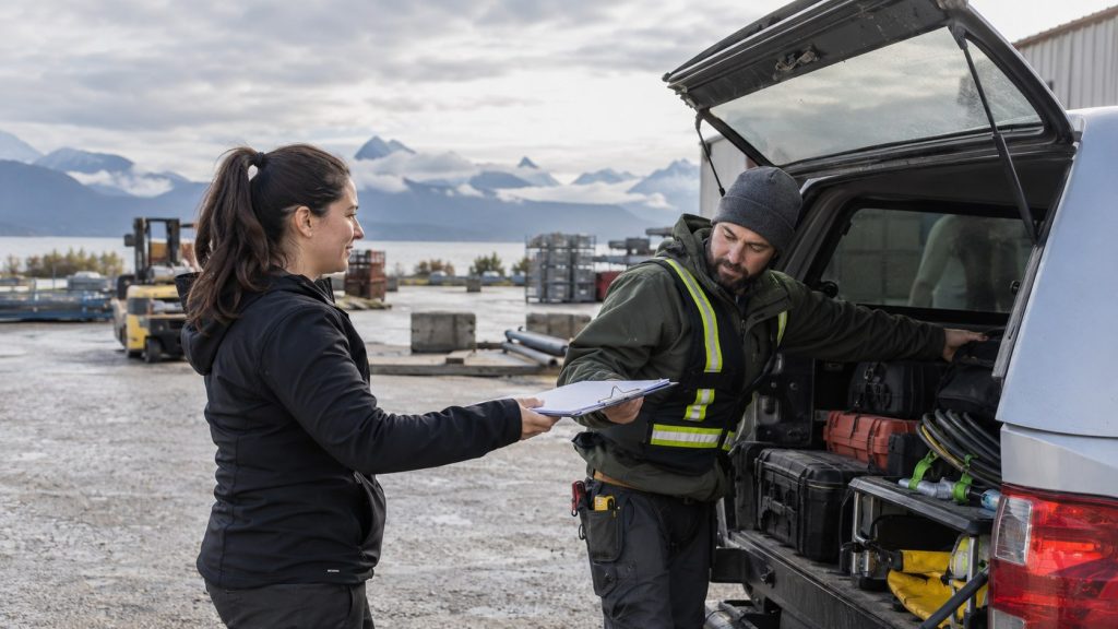 Service coordinator hands job details to a field technician before departure